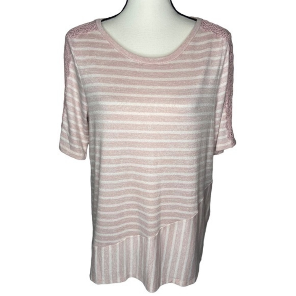 Westport Top Pink White Striped Hacci Knit‎ Lace Detail Short Sleeve Top Size M